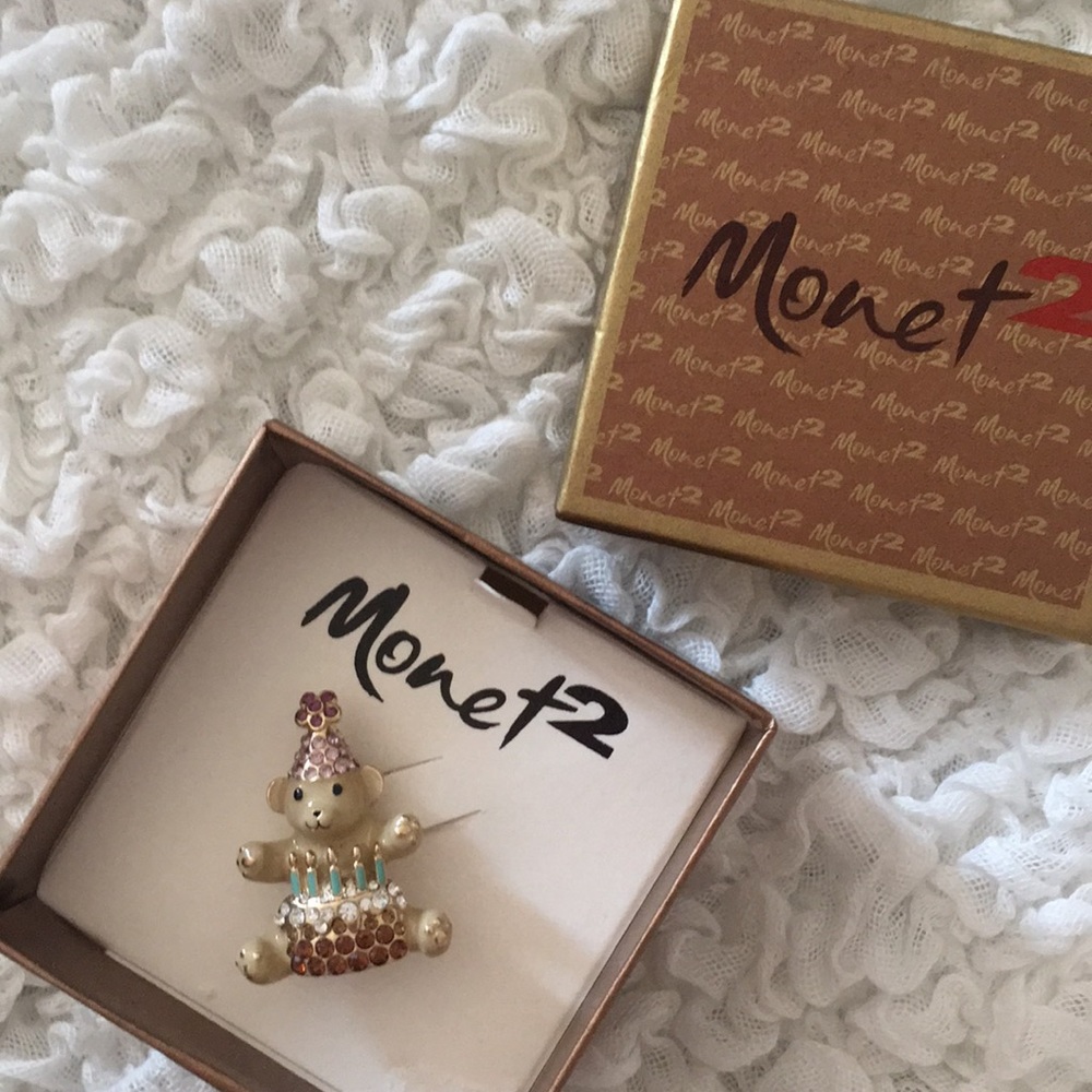 Monet 2 Rhinestone Happy Birthday Bear Pin